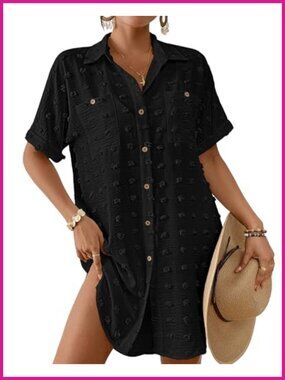 Swiss Dot Smocked Button Down Swim Coverup Shirt Dress